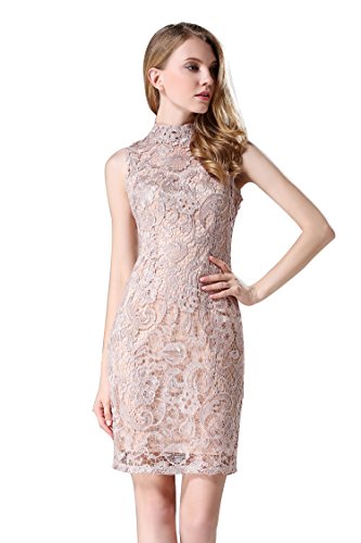 Little Smily Women's Crochet Lace Form Fitting High Neck Cocktail Bodycon Dress