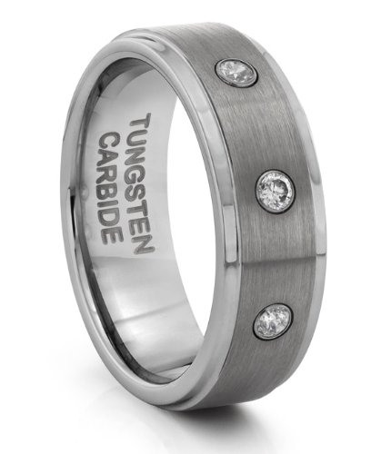 8MM Tungsten Carbide Brushed Silver Diamond CZ Mens Wedding Band Ring (Available Sizes 7-14 Including Half Sizes)