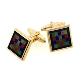 Dramatic gold plated square cufflinks with a checkerboard pattern of genuine stones with... by 