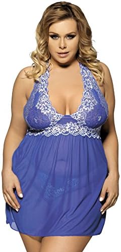 Sharelove Women Outfits Halter Lingerie Plus Nightwear Lace Babydoll (3X-Large, Blue)