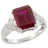 10k White Gold Rectangular Ring, w/ Brilliant Cut Diamonds & Emerald Cut (10x8mm) Created Ruby Stone, 7/16 in. (11mm) wide, size 7
