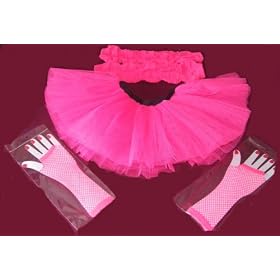Neon Pink Tutu Set - Tutu + Leg warmers + Fishnet Gloves Plus Size 12" Length