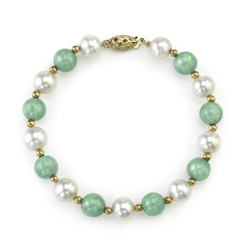 7" 8mm White Freshwater Pearl, Green Jade, and 14K Yellow Gold Bead Bracelet
