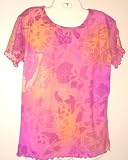 Ladies Mesh T-shirt with Lettuce edging - Pink/Orange Floral