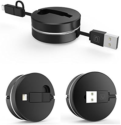 Ourdevice USB Cable, Retractable 2 in 1 Universal USB Charger Cable for iPhone 6s, 6s Plus, 5 / 5S / 5C / SE, iPad Mini, Galaxy S7 Edge, S6, S5, Note 4 5, all Android and Tablets (Black)