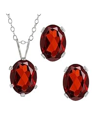 3.20 Ct Genuine Oval Red Garnet Gemstone Sterling Silver Pendant Earrings Set