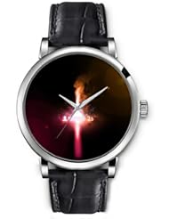 SPRAWL Aanalog Fashion Series Silver Ladies Watches of Genuine Black Leather Strap,Unique Wrist Watch for Women Girls Designed with burning Flame