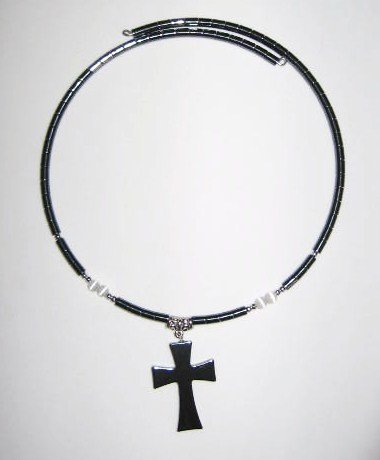 Black Hematite Healing Necklace with Cross (White Beads)
