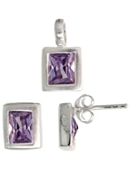 Sterling Silver Matte-finish Rectangular Earrings (8mm tall) & Pendant (13mm tall) Set, w/ Emerald Cut Amethyst-colored CZ Stones