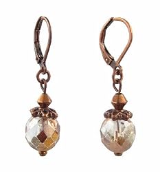 Earrings - E194 - Faceted Fire Polished Crystal Glass Hung on Copper Tone Leverbacks ~ Copper and Clear