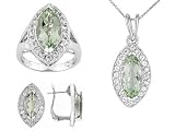 11.21CTW PRASIOLITE AND 2.94CTW WHITE TOPAZ STERLING SILVER EARRING RING PENDANT WITH CHAIN SET