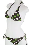 Brown with Green and White Polka Dots Halter Top & Tie Side Bottom Bikini Set