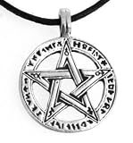 Pewter Pentagram with Runes Pagan Wiccan Pentacle Pendant, Leather Necklace