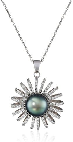 Sterling Silver Tahitian Cultured Black Pearl and Cubic Zirconia Pendant Necklace, 18"