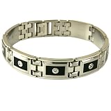 Stainless Steel and Black Enamel Link Bracelet Mens Alternating CZ Diamond Satin Finish by Bucasi