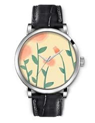 SPRAWL Aanalog Fashion Series Silver Ladies Watches of Genuine Black Leather Strap,Unique Wrist Watch for Women Girls Designed with Beautiful pink flowers
