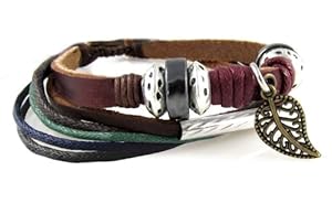 Leaf Design Leather Zen Bracelet - Adjustable, Fits 5.5 to 9 Inches, for Men, Women, Teens, Boys and Girls (Foil Gift Box)