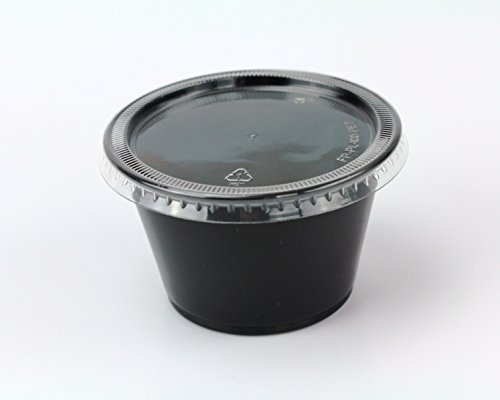 Disposable 4oz Plastic Condiment Cups with Lids, Souffle Portion, Jello Shot Cups, Salad Dressing, Sauce (200, Black)