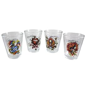 Set Of 4 Ed Hardy Skulls Tattoo Shot Glasses