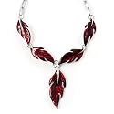 Red Enamel Leaf Necklace (Silver Tone)