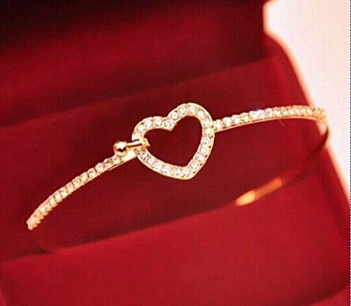 Elegant Womens 9K Yellow Gold Filled CZ Heart Shape Cuff Bracelet Bangle Gift