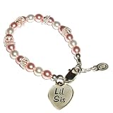 Sterling Silver Lil Sis Children's Bracelet for Sisters with Pink & White Pearls and Silver Twisted Rings in Gift Box, 1-5 years (5 - 5.5