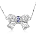 10k White Gold Round Created Ceylon Sapphire w/ Diamond Bow Pendant, 18"
