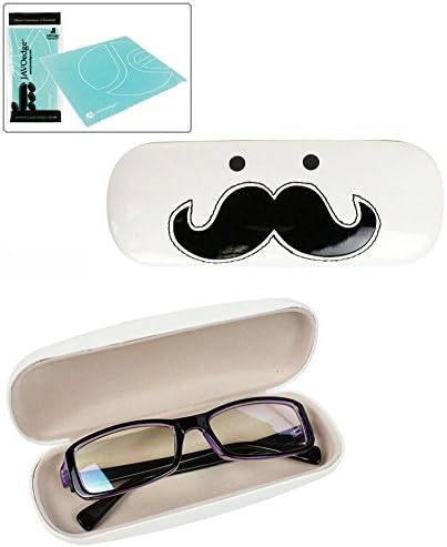 JAVOedge Mustache Eyeglass Case (White), Bonus Free Soft Microfiber Lens Cleaning Cloth