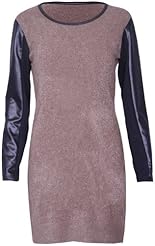 Scoop Neck Faux-Leather/Polyester/Knit Jumper/Mini Dress 
