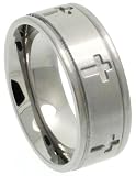 Titanium 8mm Flat Wedding Band Ring Carved out Crosses Grooved Edges Comfort-fit, sizes 6 to 14