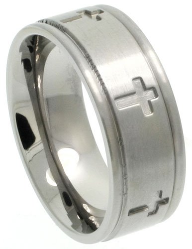 Titanium 8 mm (5/16 in.) Comfort Fit Flat Wedding Band Ring with Crosses
