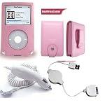 Pink Leather Case for Apple Ipod Video 60gb + White Car Charger for Apple Ipod Video + White Retractable Data Cable for Apple Ipod Video