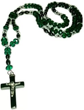 Green Rosary Necklace with Crucifix, 44 Inches