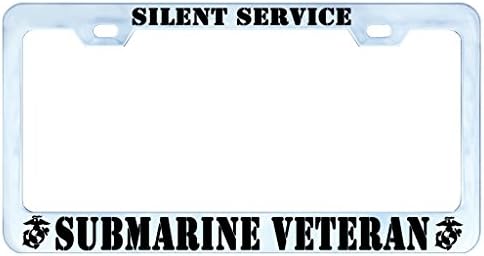 SILENT SERVICE SUBMARINE U.S. NAVY Auto License Plate Frame Tag Metal, Weatherproof Vinyl Letters Chrome Black