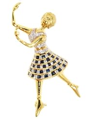 Blue Sapphire Women Brooch/Pin 18K Yellow Gold Unique Diamond [I_013]