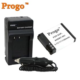 Progo Power Pack (One Li-Ion Rechargeable Battery and Pocket Travel AC/DC Wall Charger with Car Adapter) for Gopro AHDBT-001 AHDBT001, Fits Gopro HD Motorsports HERO, Surf Hero, Hero Naked, Hero 960, Hero HD 1080p