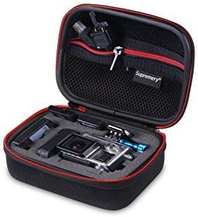 Supremery Sup75 Case for Gopro Hero 4, 3+, 3, 2, 1, SJ4000, SJ5000, SJ6000 and Accessories - Travel & Household Case Carrying Bag for housing, frame, LCD, battery, SD card, WiFi Remote - Perfect Protection for Gopro Camera (Size: XS, Colour: Black / Red, Specials: utility compartment with zipper and carabiner)