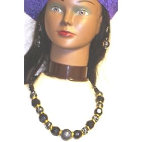 Gold Trimmed Assorted Sizes Black Beads Necklace and Earrings for Women and Teens