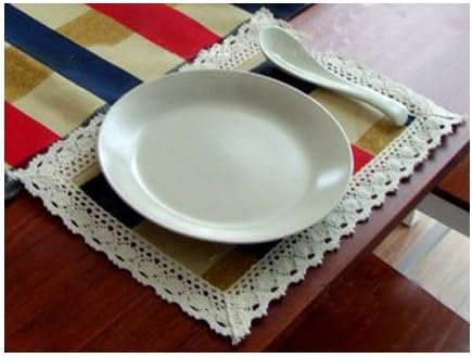 The Mediterranean Style Thickened Cotton Canvas Table Mat(Vintage Blue Grid White Lace),8x12 inch(20X30cm)