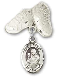 Sterling Silver Baby Badge with St. Clare of Assisi Charm and Baby Boots Pin