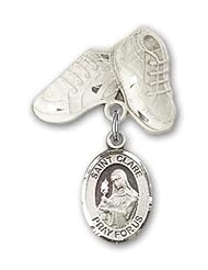 Sterling Silver Baby Badge with St. Clare of Assisi Charm and Baby Boots Pin