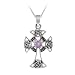 Sterling Silver Celtic Cross w/ Genuine Amethyst Center Pendant w/ Rolo Chain, 18