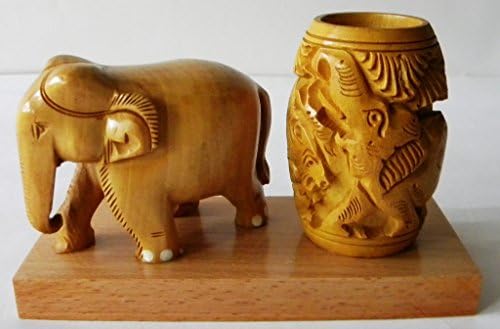 Incredible Indian Art Holder Pen Desk Set Wood Base Handmade Elephant Figurine