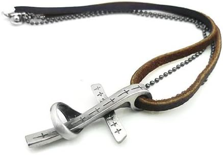 Dixivi Jewelry Mens Brown Genuine Flat Leather Metal Cross Pendant Necklace