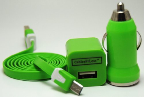 CablesFrLess 3 in 1 Green 3ft Tangle Free Flat Noodle Micro USB Charging Kit fits Android Samsung Galaxy S3 Siii S4 S 4 active Galaxy Tab Reverb Note 2 Pantech HTC One LG Optimus Motorola RAZR MAXX HD Kindle