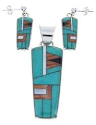 Turquoise Southwestern Sivler Multicolor Pendant Earrings Set AW70110
