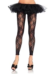 Footless Floral Lace Tights (Black;One Size)