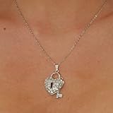 Rhinestone Heart Key Pendant Charm Set Silver Tone Chain Necklace Set Austrian Crystal Valentine's Day Gift Idea