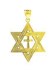 14K Gold Jewish Charm Star of David Cross Pendant (Medium)