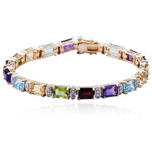 18k Yellow Gold Plated Sterling Silver Multi-Gemstone and Diamond Bracelet,... by